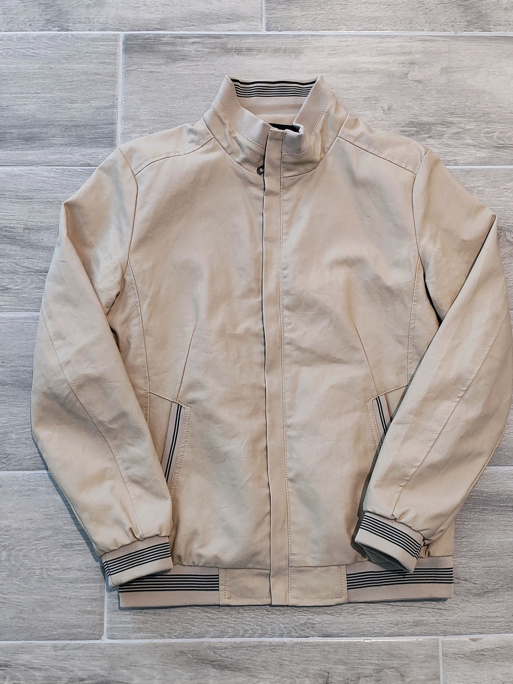 Men's Light Beige Bomber Jacket with Striped Trim